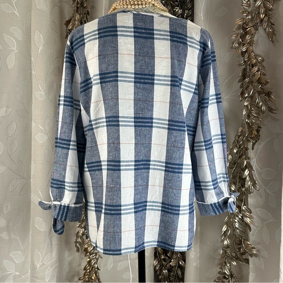 Liz‎ Claiborne Plaid Linen Blend Blouse | M Blue White Tunic Sleeve Tie - Picture 5 of 10